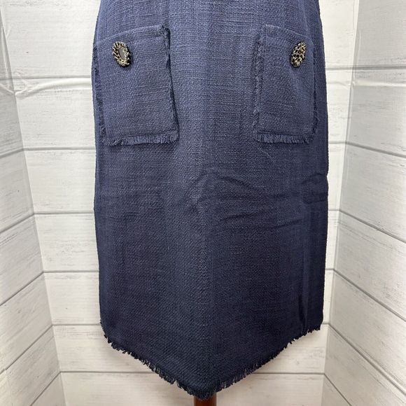 Karl Lagerfeld Paris Womens Fringe Trim Tweed Sheath Dress Sleeveless Blue Sz 10 - Picture 3 of 13